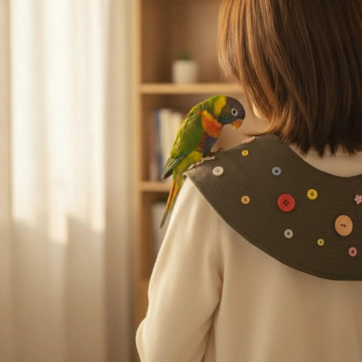 Parrot Shoulder Training Cape with Long Tie Straps and Button Accents for Bird Cage Accessory Use Quake
