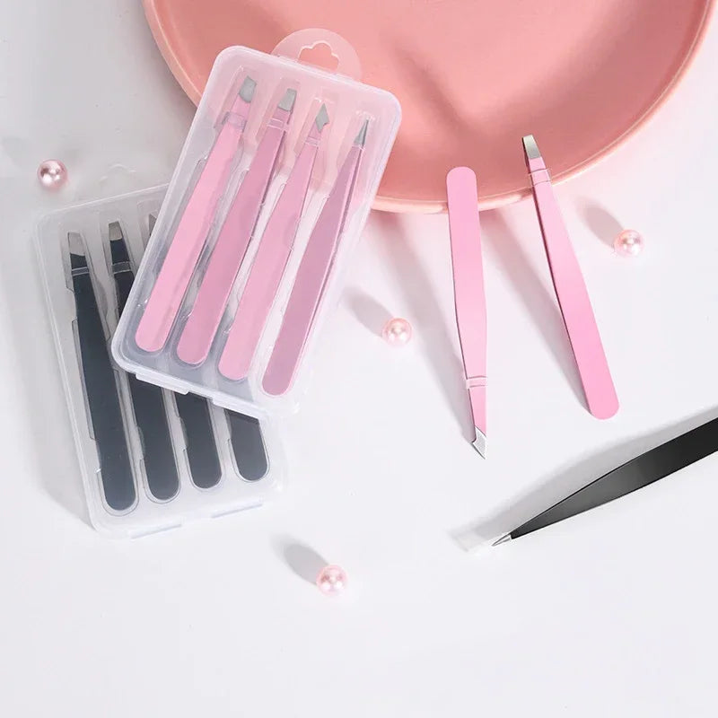 Eyebrow Tweezer Hair Beauty Fine Hairs Pink 2/4Pcs High-QualityPuller Stainless Steel Slanted Brow Clips Removal Makeup Tools Quake