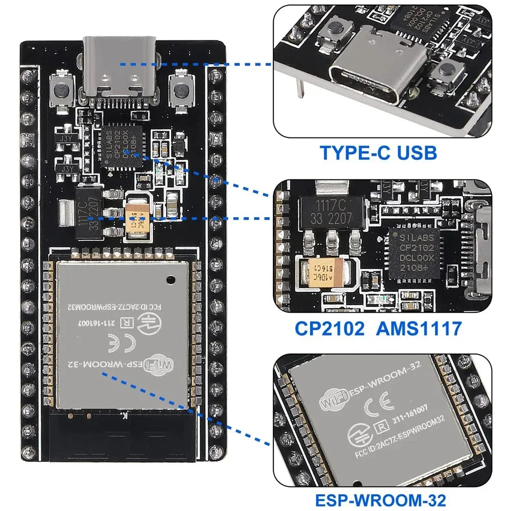 38Pins Type-C Micor USB ESP32 ESP-WROOM-32 ESP-32S Development Board 2.4GHz Dual-Mode WiFi + Bluetooth Dual Cores Quake
