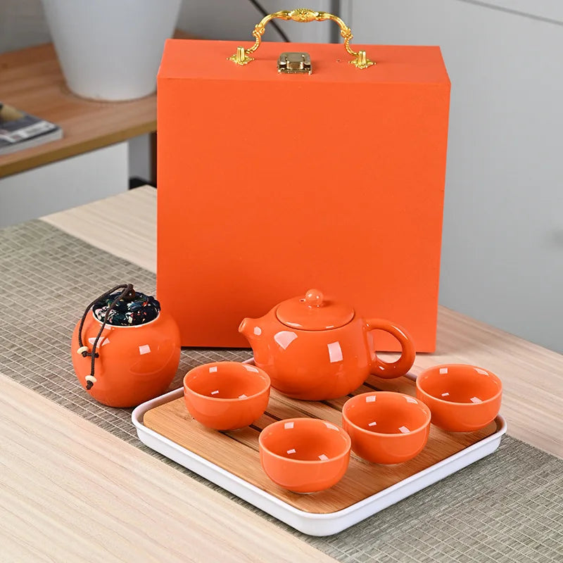 Ding kiln kungfu tea set complete set including tea tray with gift box ceramic teapot gift high-end Quake Orange