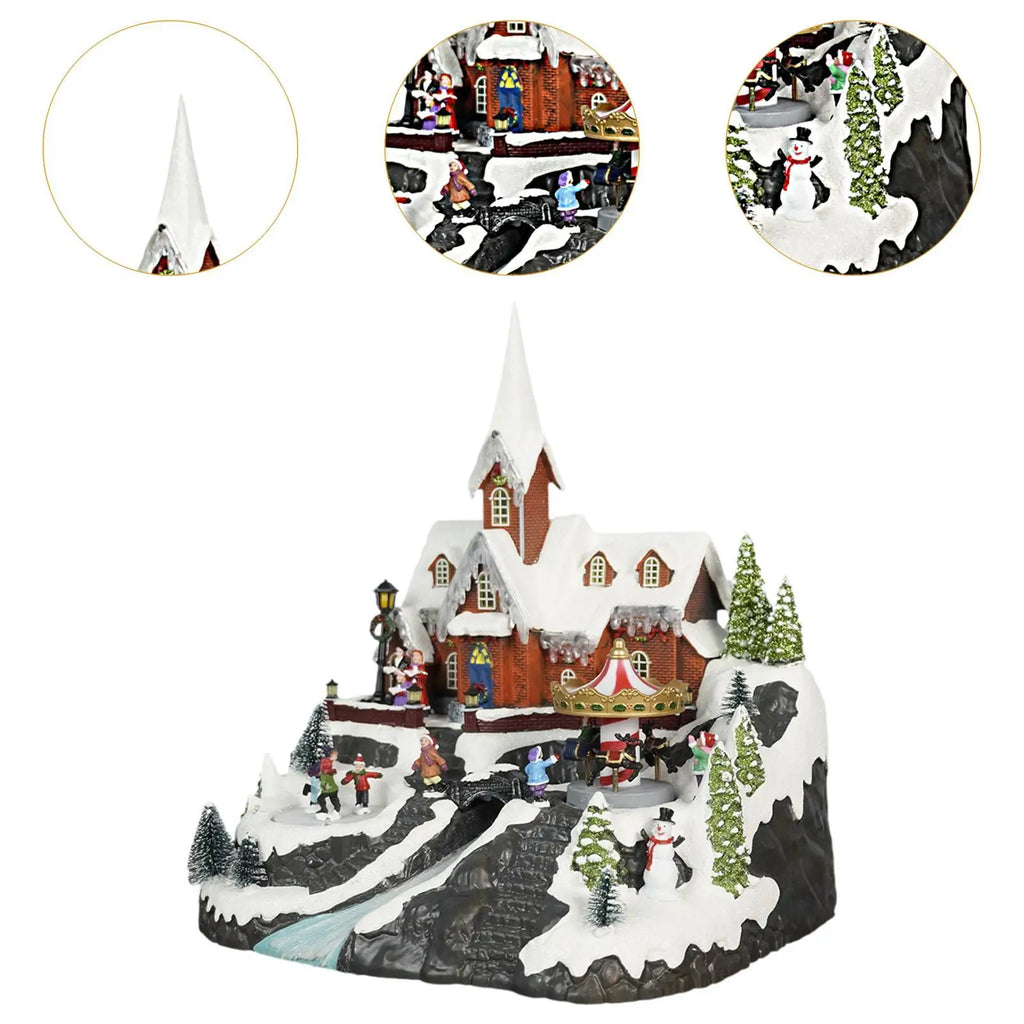 Christmas Village House Figurine Rotatable Skaters Table Centerpiece Sculpture for Shelf Fireplace Xmas Decor Bedroom Indoor Quake