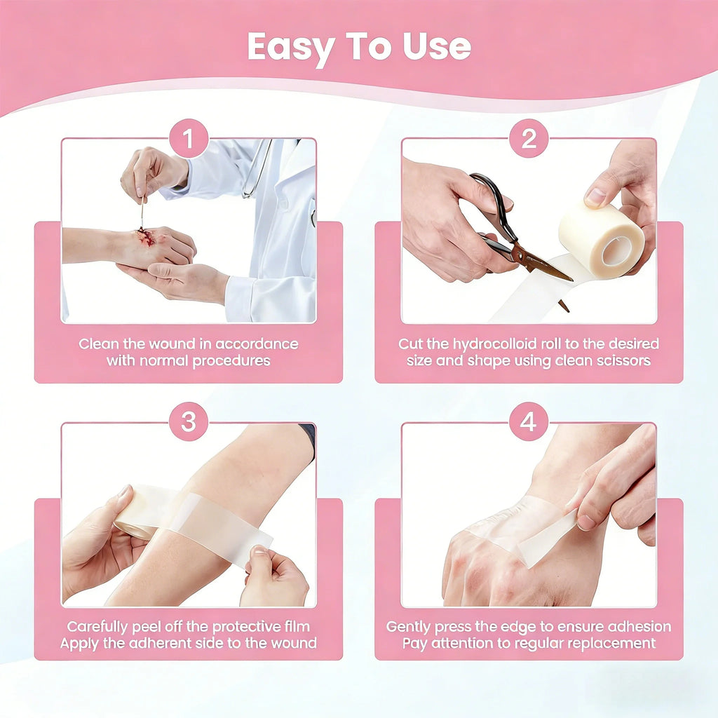 Hydrocolloid wound dressing, skin patch rolls & anti-blister foot pads. Non-stick to wounds, high absorbency, freely cuttable, Quake