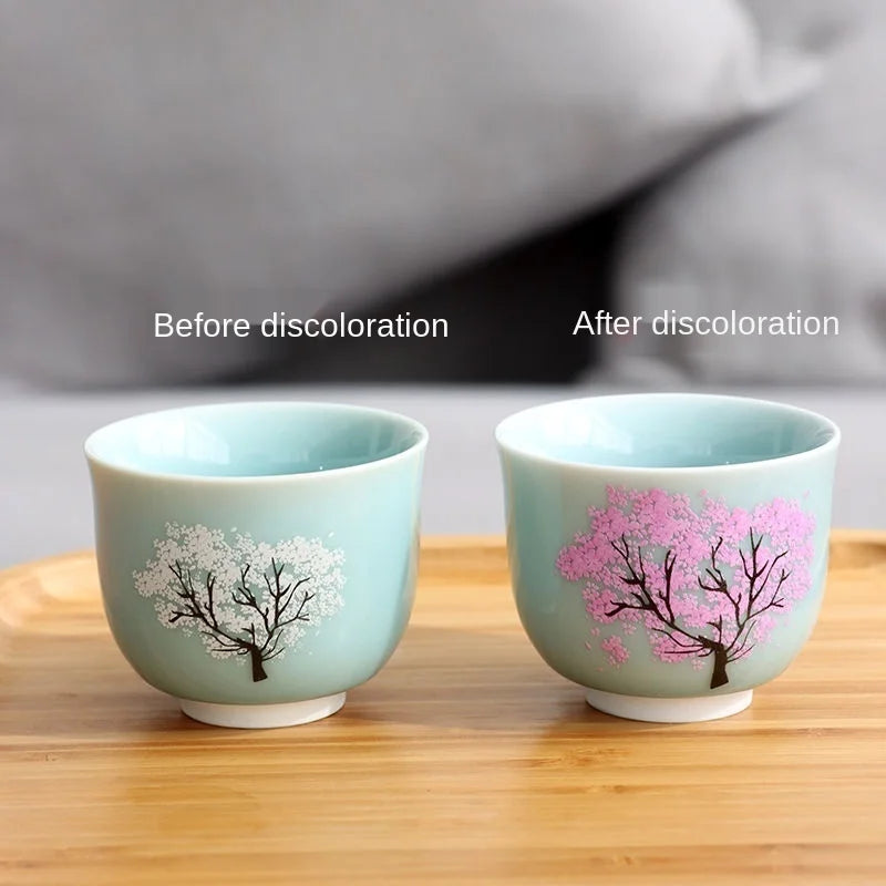 Thermochromic Cup Sakura Tea Cup Ceramic Kung Fu Tea Cupjapanese Style Kiln Tea Cup Master Cup Tea Cup Changing Color Tea Cup Quake