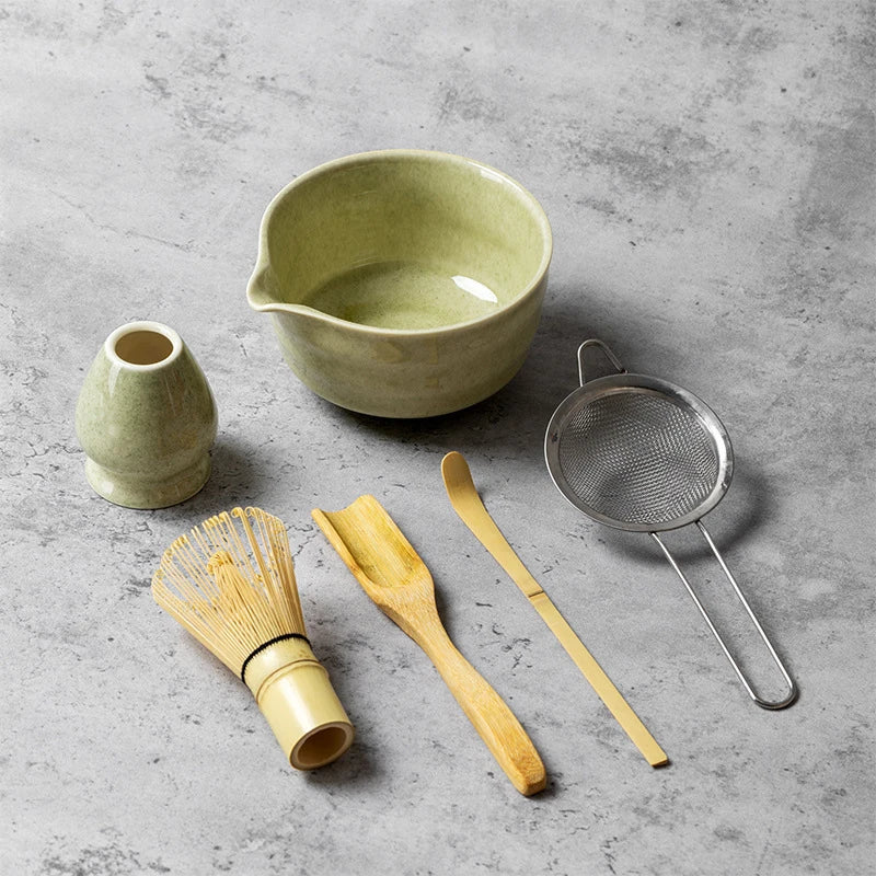 YWDL 6pcs Japanese Matcha Tea Set Ceramic Bowl with Spout 100 Prongs Bamboo Whisk Chasen Holder Sifter Sage Green Gift Box Quake