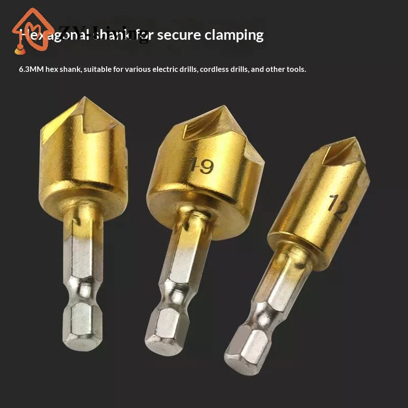 3/6Pcs Hexagonal Handle Titanium Plated Five Edge Chamfering Knife Countersunk Drill 6-19mm Woodworking Spot Facer Tool Set Quake