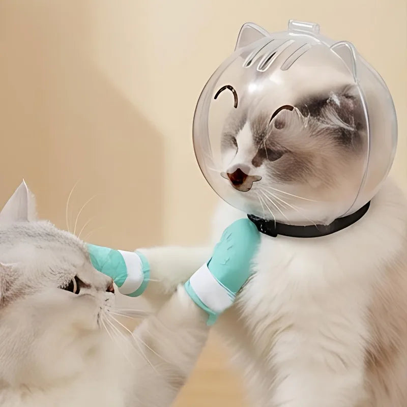 Cat Head Cover Pet Grooming Cover Accessory Cat Anti Bite Anti Licking Space Hood Breathable Helmet with 4 Silicone Paw Shoes Quake