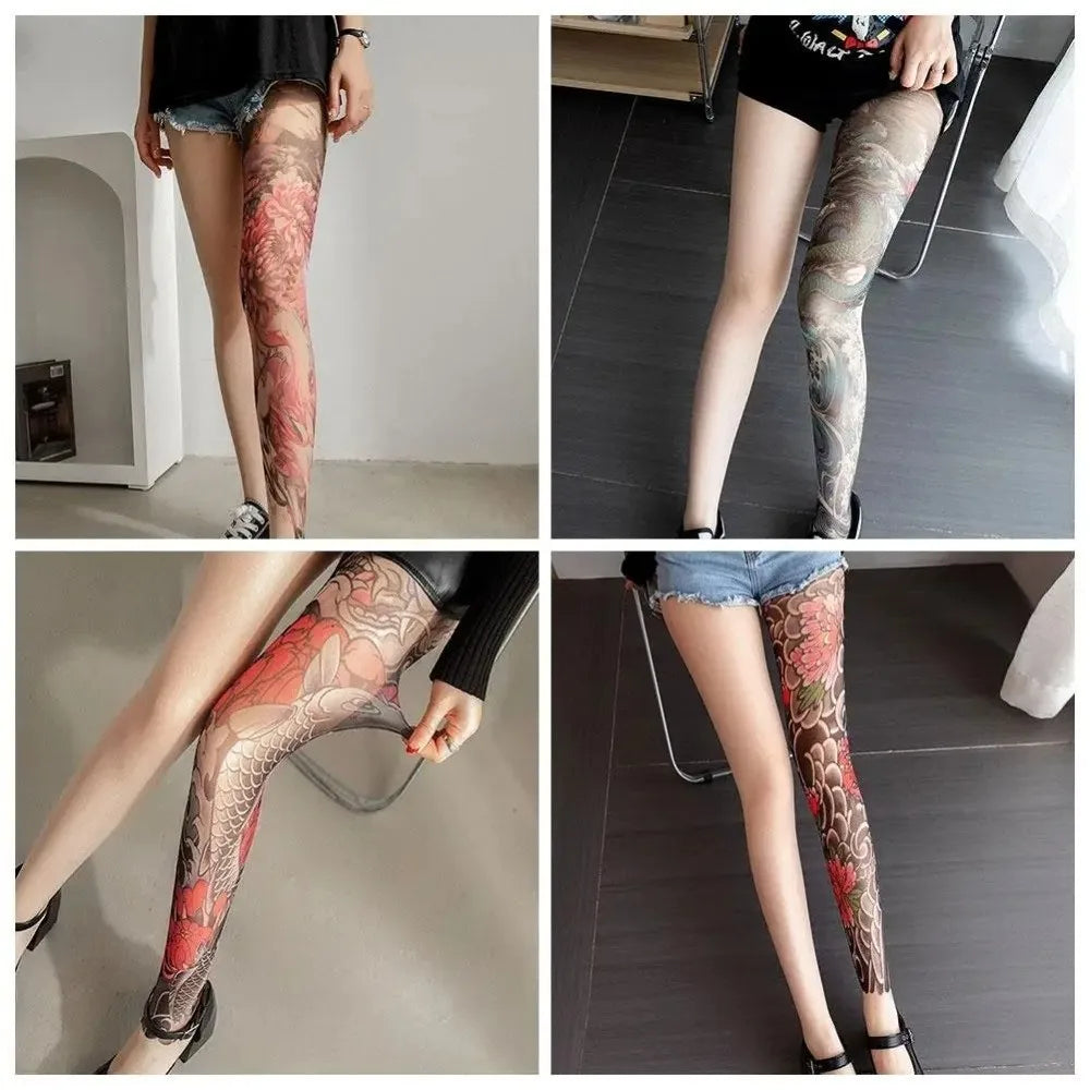 New Fake Tattoo Women's Sexy Printed Tights Mesh Leggings High Pantyhose Perspective Peony Pantyhose Summer Quake