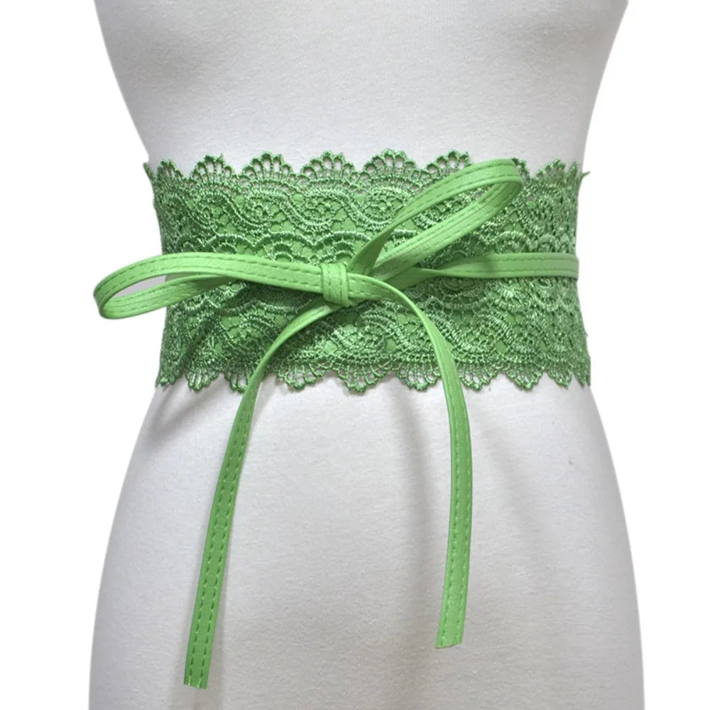 Boho Style Soft Lace Waist Belt Self Tie Wrap Around Bow Tie Belt Wide Cinched Waistband Obi Belt for Dresses Quake Green