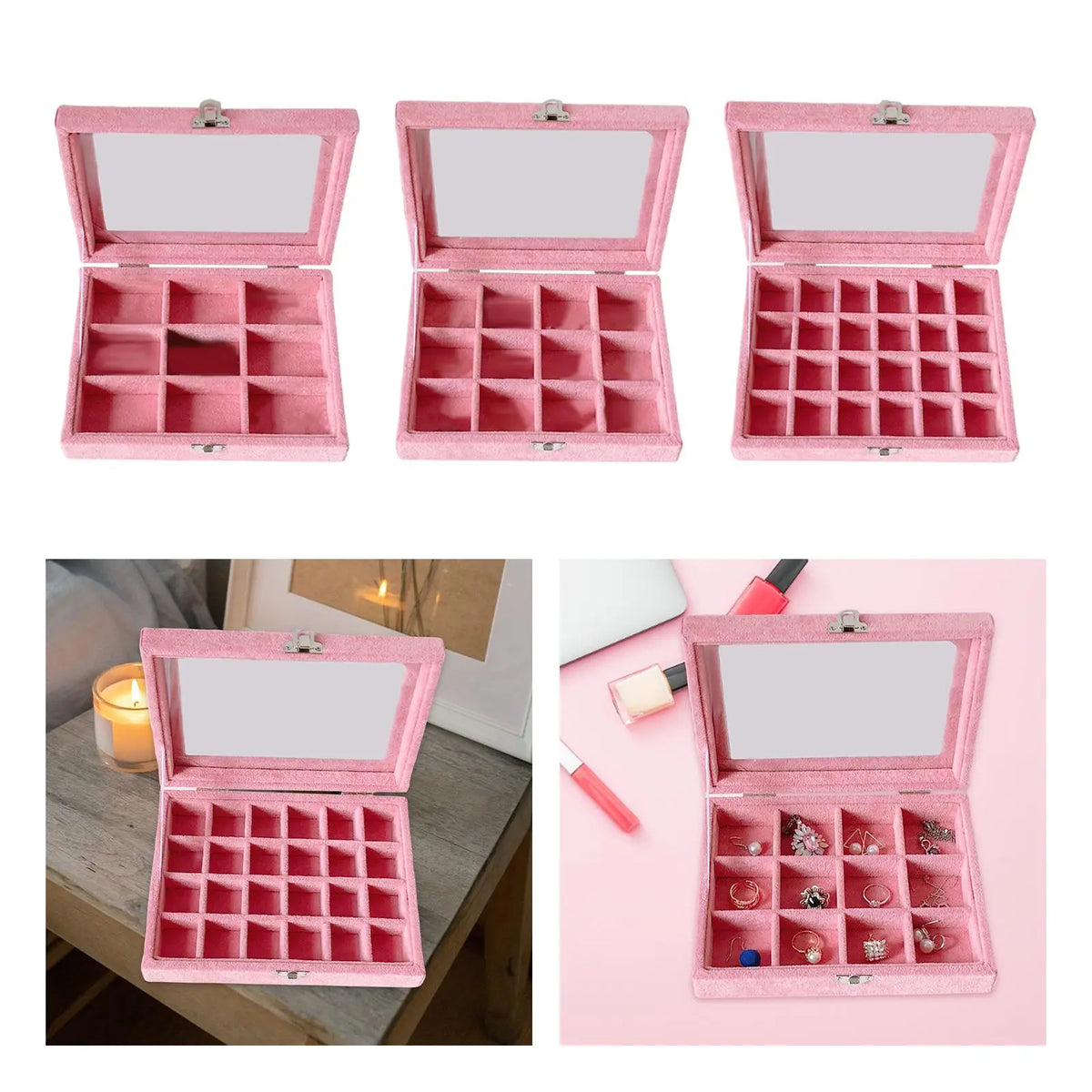 Velvet Lid with Multi Grid Jewelery Tray, Removable Compartment Dividers Quake