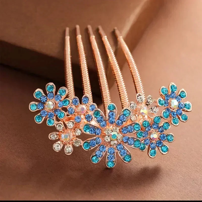 Women Crystal Hair Braiding Clip Elegant Vintage Hairpin Girls Elegant Rhinestone Hair Accessories Crystal Hairpins Barrettes Quake blue