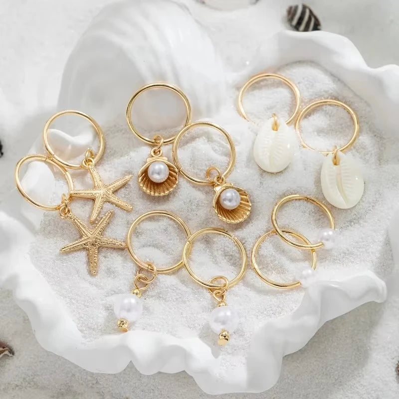 10PCS/Bohemian Resort Wind Alloy Starfish Headgear Shell Pearl Hair Accessories Multi-piece Set Ring Ladies Hair Band Quake