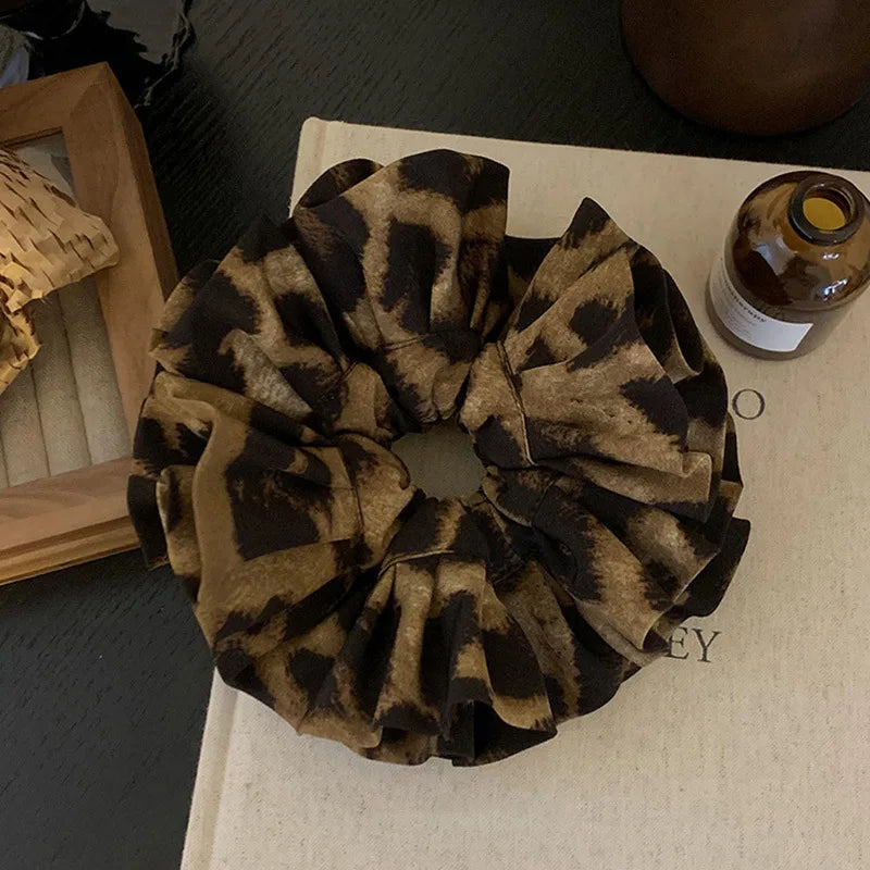 Retro Leopard Print Oversized Hairbands Double-layer Large Intestine Hair Scrunchies Versatile High Elastic Rubber Bands Ropes Quake 1pc