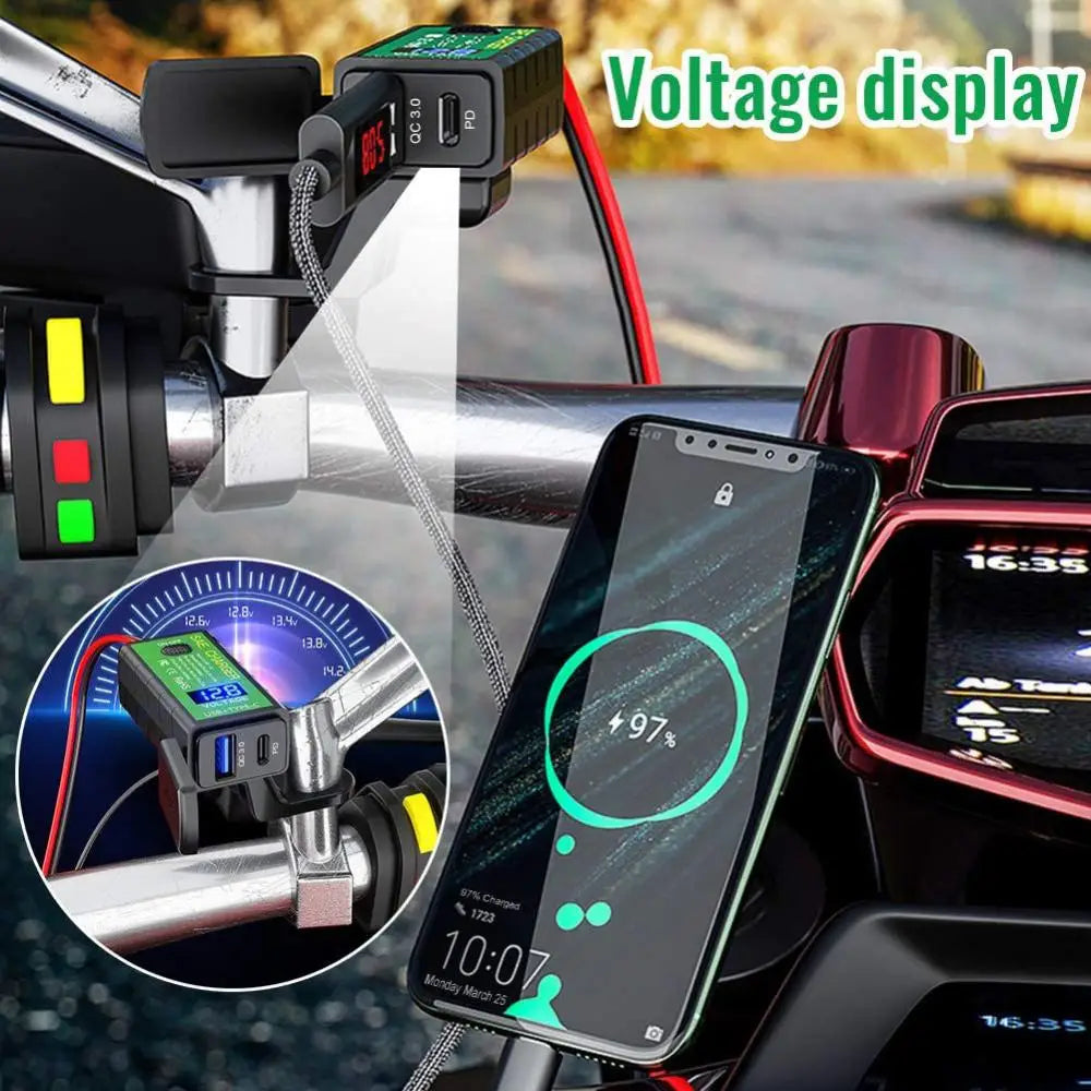 M.2 3.1A/4.8A SAE to USB Type-C Motorcycle Voltmeter ON/Off Switch Fast Charger Quake