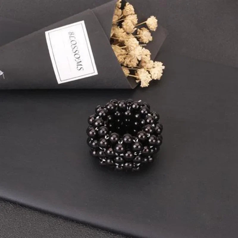 Korean Version of Fresh Ponytail Rubber Headband, Fashionable Handmade Imitation Pearl Beaded Hair Band Headrope Wholesale Quake 4cm black