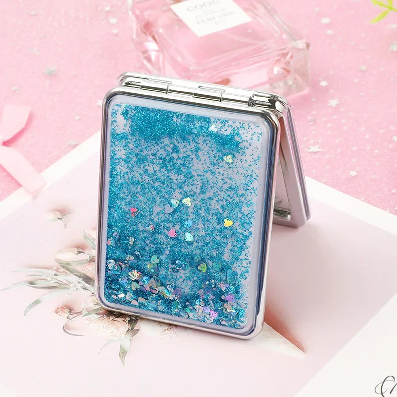 Portable Double-Sided Folding Makeup Mirror Women Gifts with Flowing Sparkling Sand Mini Cosmetic Mirror Compact Pocket Mirrors Quake square blue