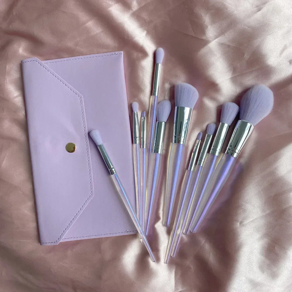 10pcs Crystal Handle Purple Makeup Brush with Makeup Bag Eye Shadow Loose Powder Foundation Sculpting Highlighter Eyebrow Brush Quake