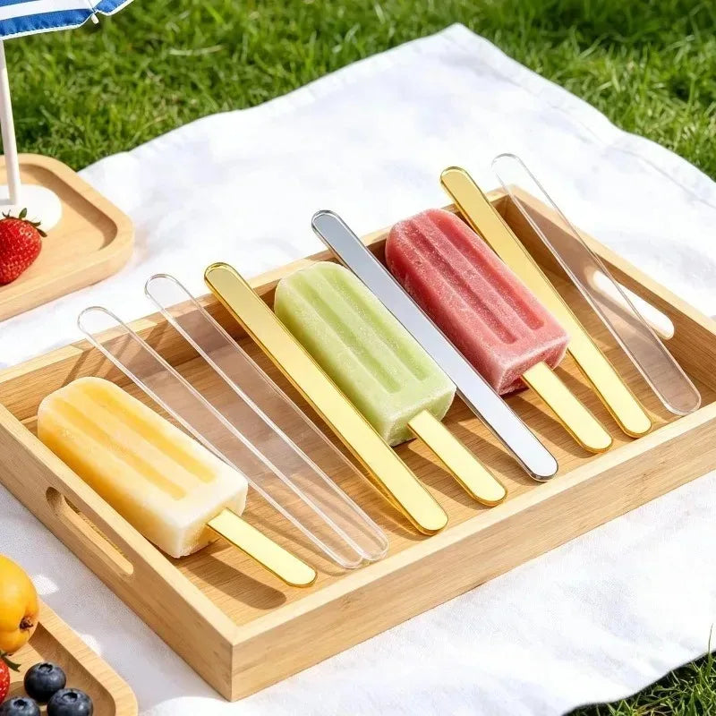 Reusable Clear Ice Cream Sticks Gold Acrylic Popsicle Sticks Cake Candy Desserts Tool for Wedding Party Decor Kitchen Supplies Quake