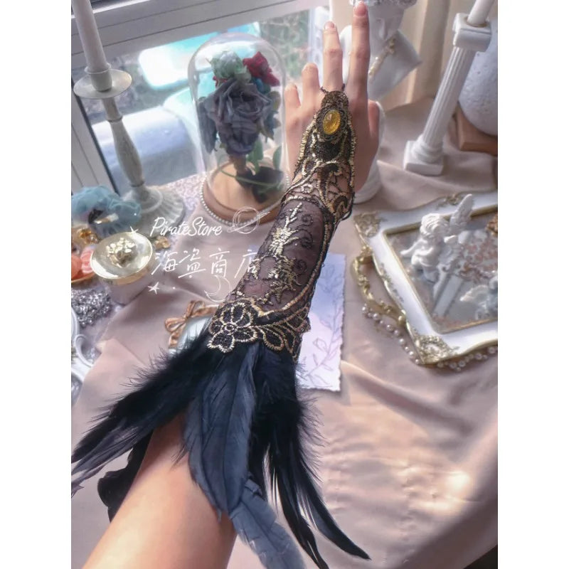 Retro Black and White Feather Lace Handguard Exotic Style Lolita Hanfu Ancient Style Styling Matching Quake