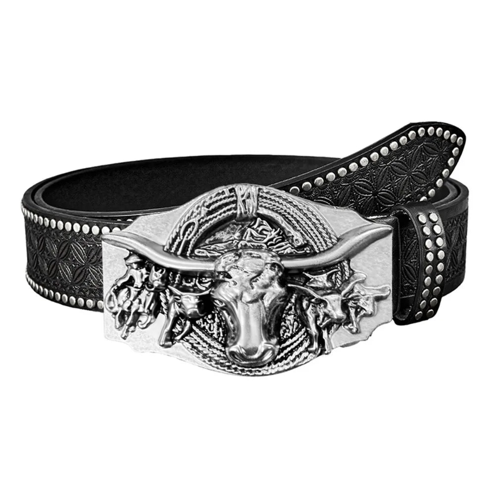 Fashion Western Cowboy Men's PU Leather Belt Luxury Design Trendy Brand Business Casual Belt Jeans Pants Belt Quake Black 105cm