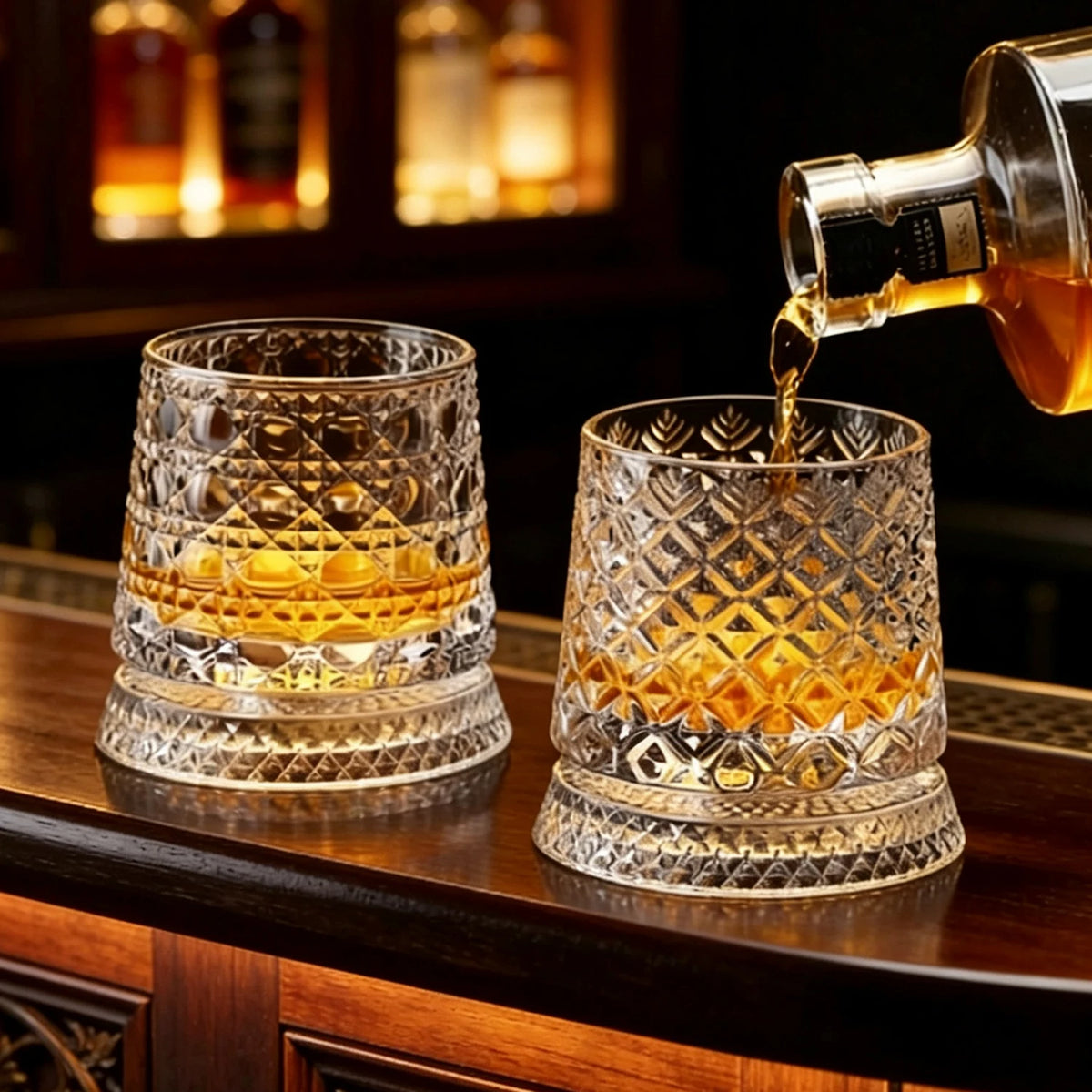 YWDL 360° Rotatable Whiskey Tumbler with Glass Base Embossed Crystal Whisky Glass Spinning Cup for Rum Cocktail Bar Party Gift Quake