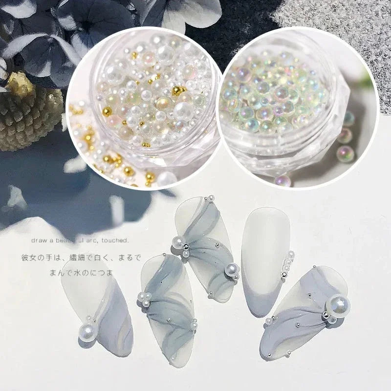 1 Box Pearl Decorations Nail Charms White Purple Round Nail Parts Gold Steel Beads Balls Jewelry Nails Art Accessories Quake