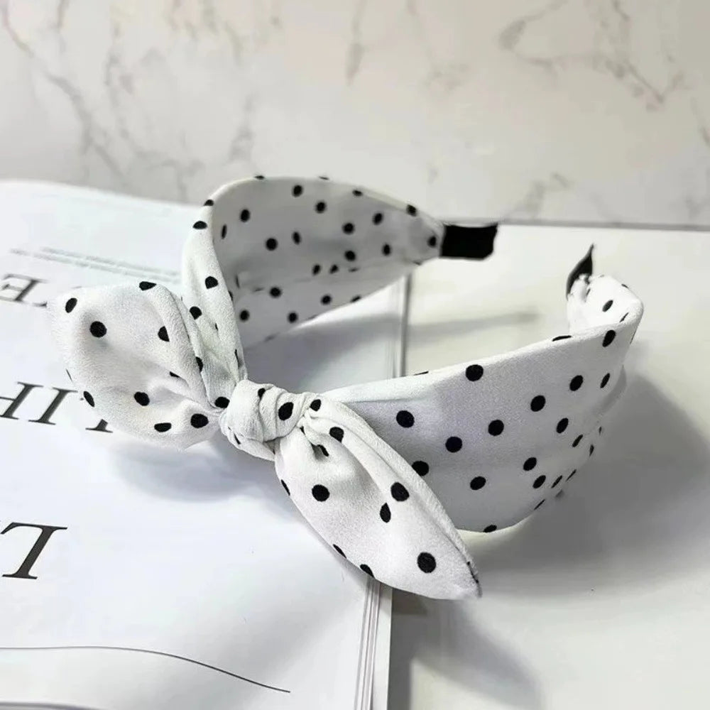 Retro Polka Dot Bow Headband for Women Girls Elegant Wide Edge High Skull Headband Fashion Versatile Hair Styling Accessories Quake White