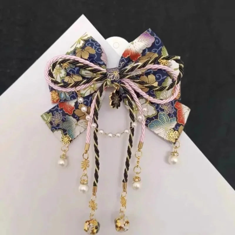 Japanese Style Girl with Hot Stamping Cherry Blossom Bow Hair Accessory Lolita Tassel Edge Clip Quake