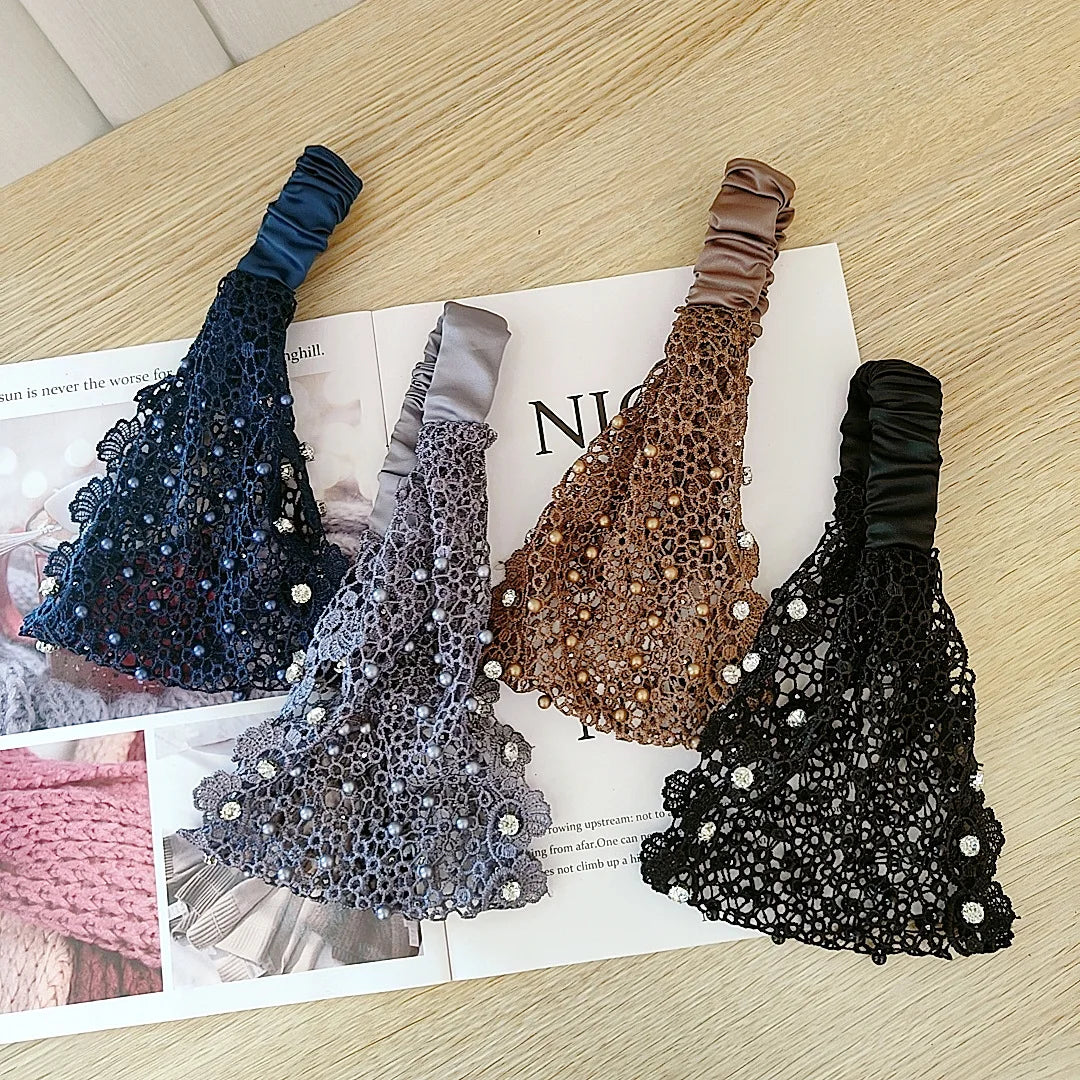 Elegant Floral Lace Bead Headband Polyester Hollow Headband with Elastic Bands Dress Up Hair Accessory Set Pattern Solid Color Quake