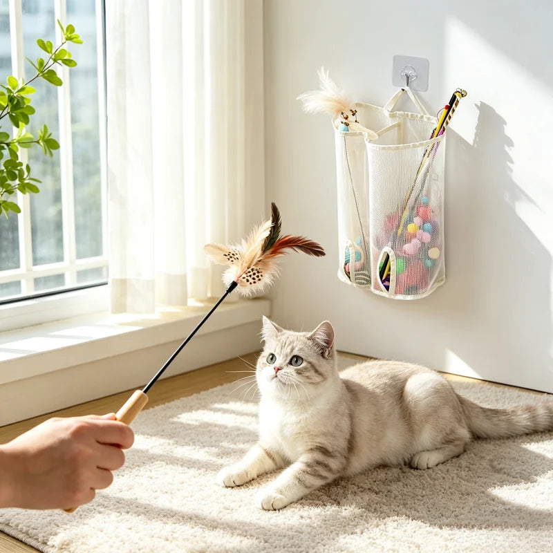 Wooden Handle Cat Teasing Stick Feather Bell, Detachable And Replaceable Head, Resistant To Scratching And Relieving Boredom Quake