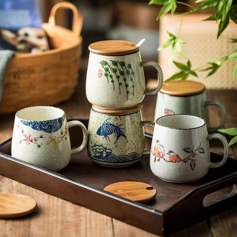 YWDL 350ml Japanese Ceramic Coffee Mug With Lid And Spoon Milk Breakfast Cups Home Heat-resistant Teacup Tumbler Water Mug Gift Quake