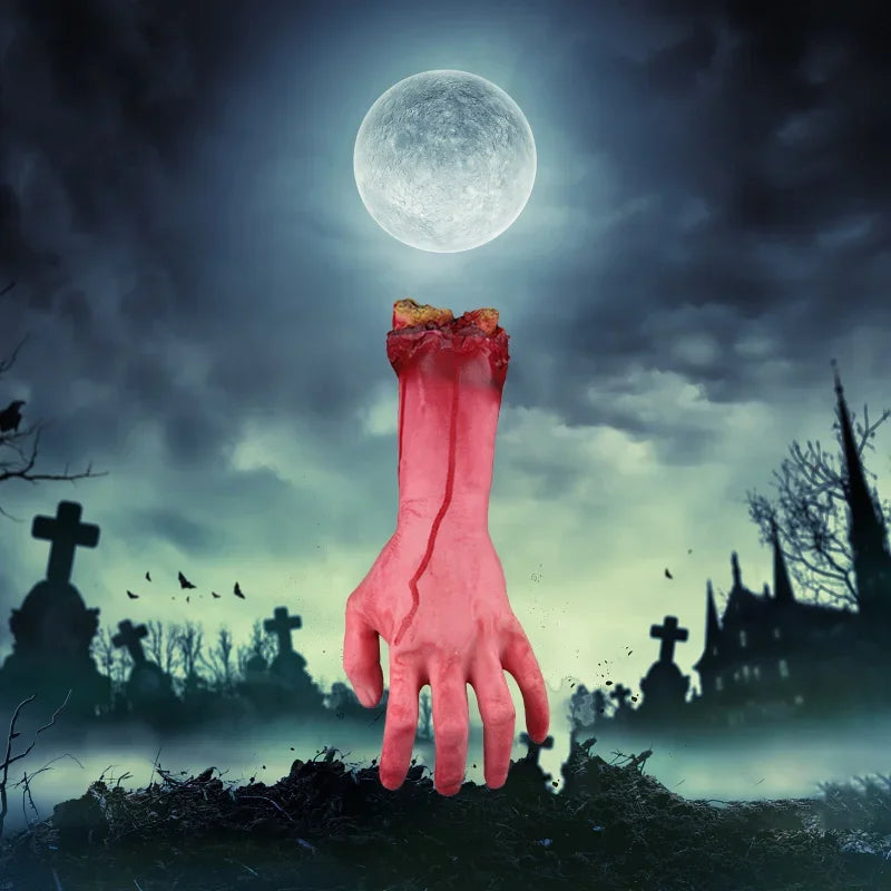 Scary Simulation Life Size Arm Halloween Horror Fake Arm Hand Latex Cut Off Hand Bloody Halloween Prop Haunted Party Decoration Quake