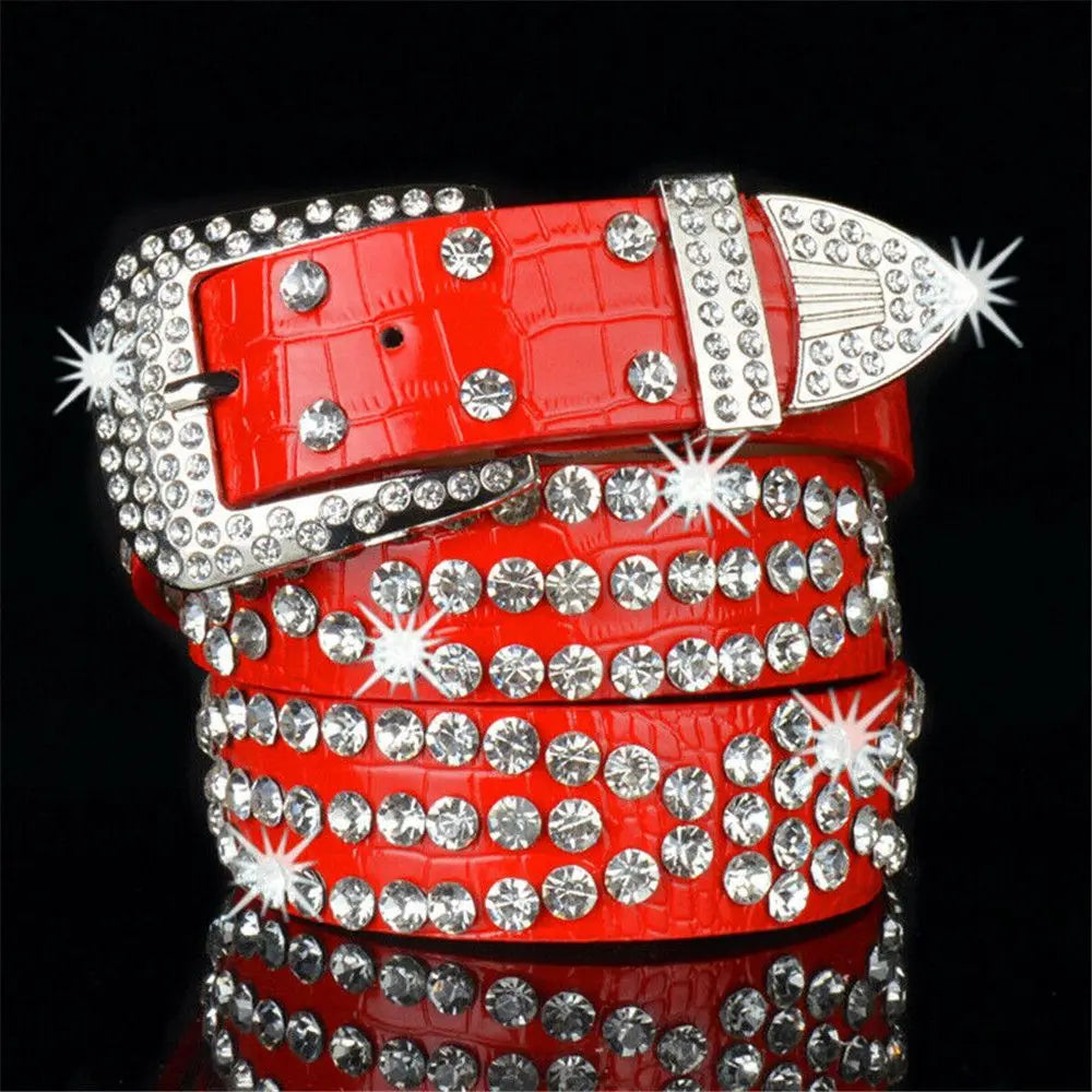 Women Adjustable Studded Rhinestone Belt PU Leather Bling Crystal Waistband Quake red