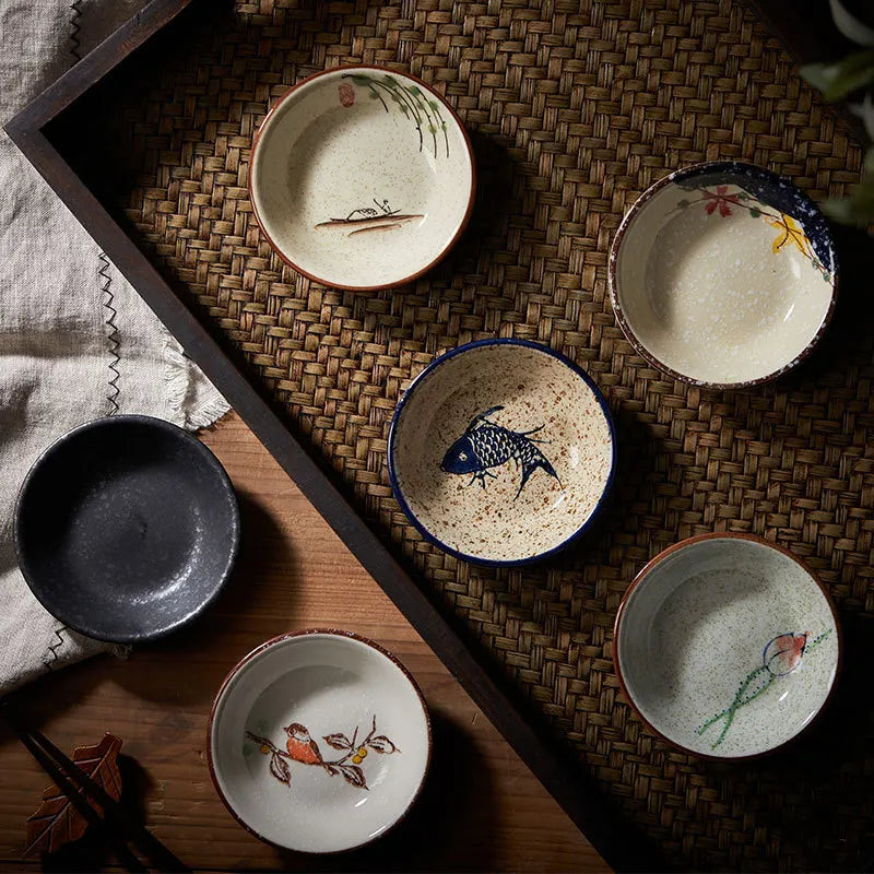 3.5in Japanese Ceramic Round Sauce Dish Vintage Soy Sauce Seasoning Household Dip Dish Sushi Sauce Snack Serving Dish Tableware Quake