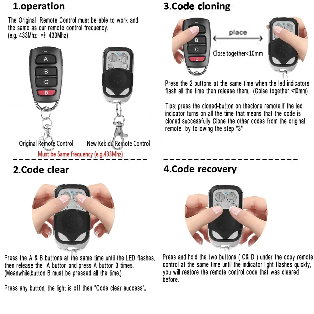 433MHz Remote Control Key Garage Door Copy Controller Electric Universal Gate Remote Control Duplicator Quake