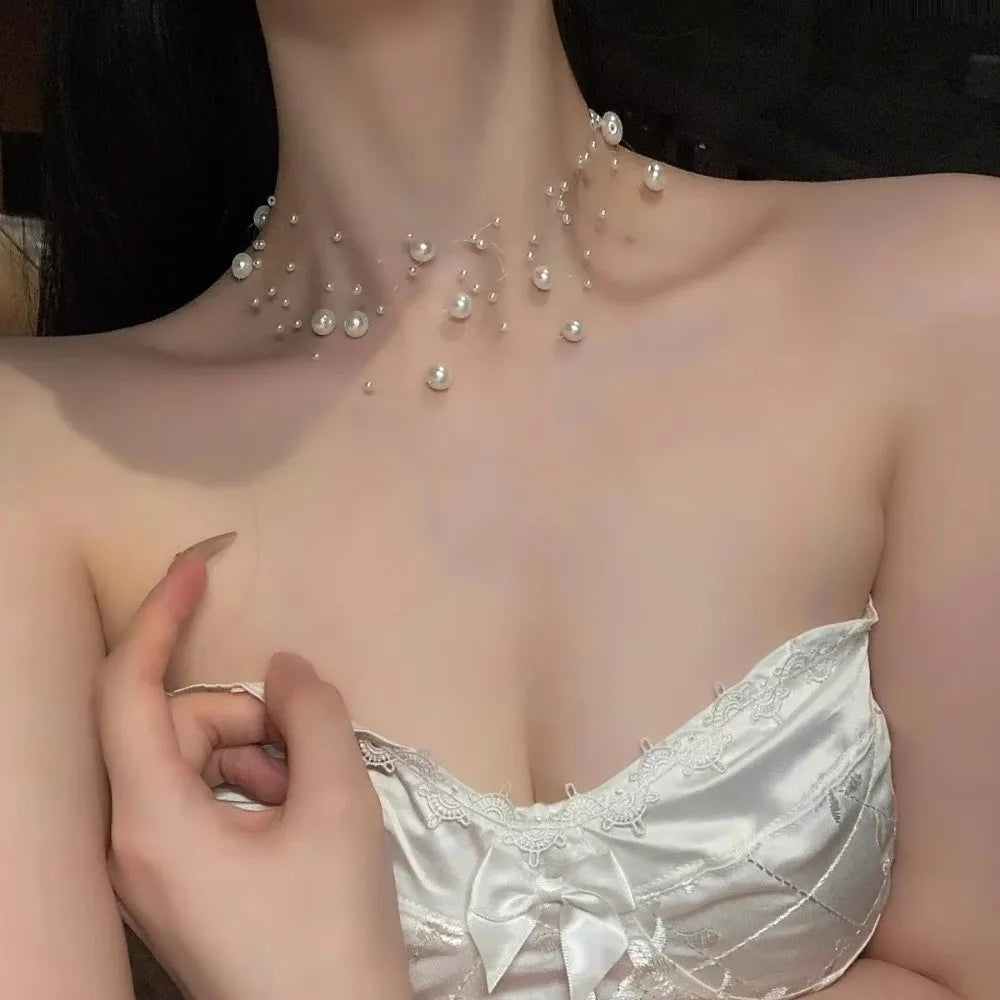 Fashion White Pearl Necklace Adjustable Length Multi-Layer Clavicle Chain Sweater Chain Quake