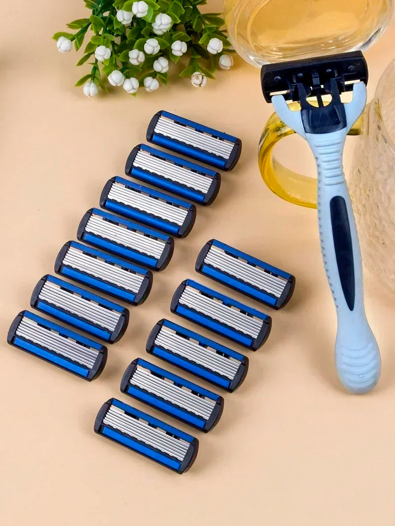 vvocci 6-Layer Stainless Steel Manual Safety Razor with 12 Replaceable Blades – Shaving Kit for Men & Women Quake