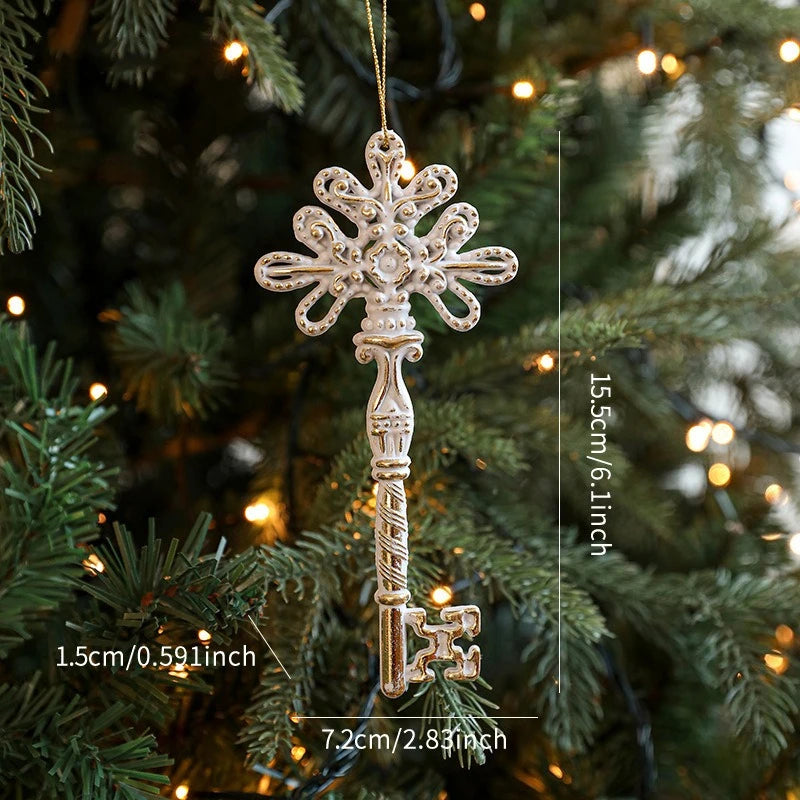 1pc Nordic Antique White Gold Edge Christmas Tree Pendants Plastic Decorative Ornaments Window Hangings Quake Christmas key