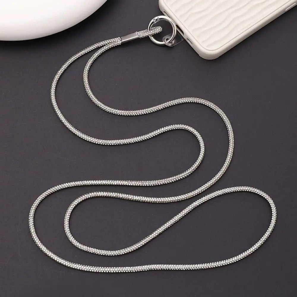 Luxury Rhinestone Phone Lanyard Glitter Crystal Phone Anti-Loss Rope Hanging Ornaments Strap Keychain Bling Bling Hanging Cord Quake silver