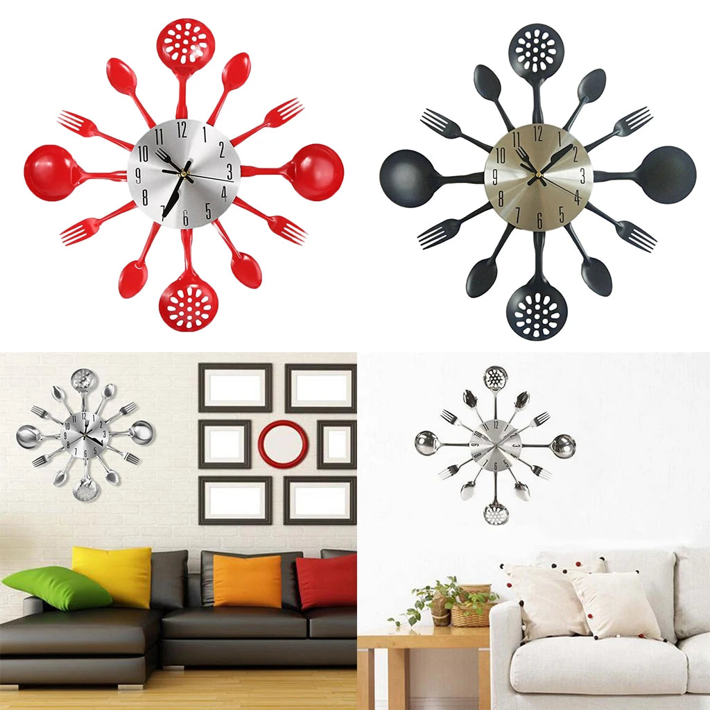 Kitchen Utensil Wall Clock Cutlery Spoon Fork Home Decor Metal Quake