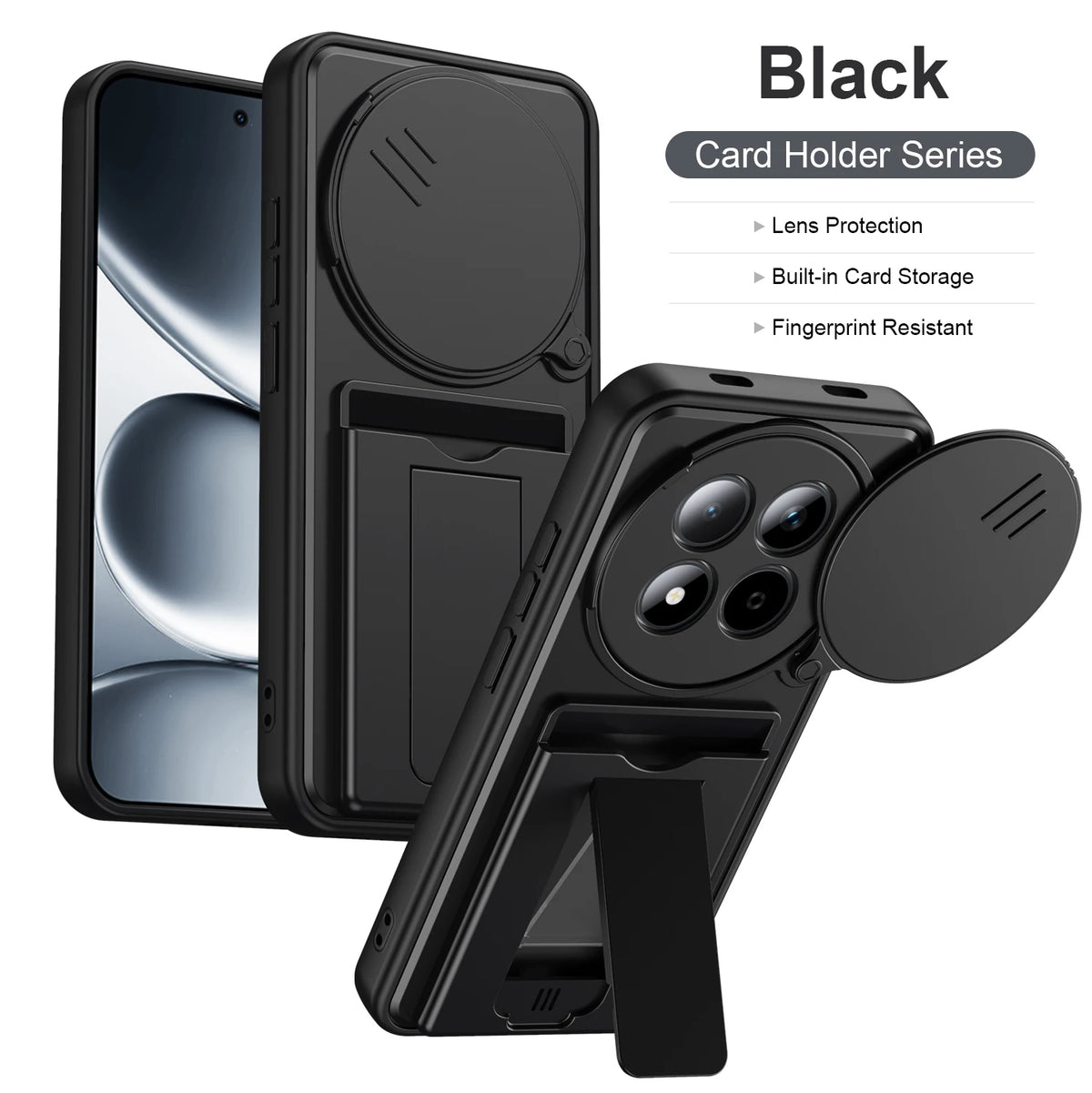Foldable Stand + Card Holder Phone Case For Redmi NOTE15 PRO 4G Shockproof Hybrid Phone Protector, Soft Hard 2-In-1 Design Quake Black Redmi note 15 Pro 4G