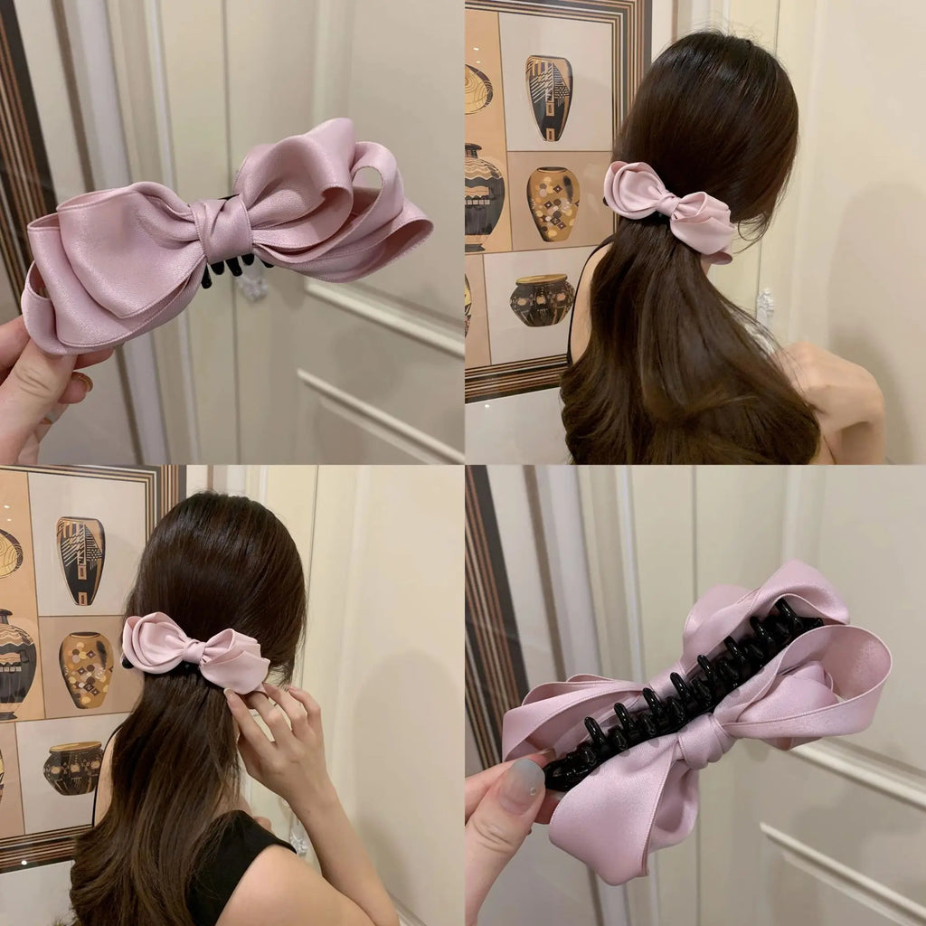 Korean Double-sided Pink Satin Bow Banana Clip Ballet Style Back Head Ponytail Women Girls Hair Styling Vertical Clip Headband Quake