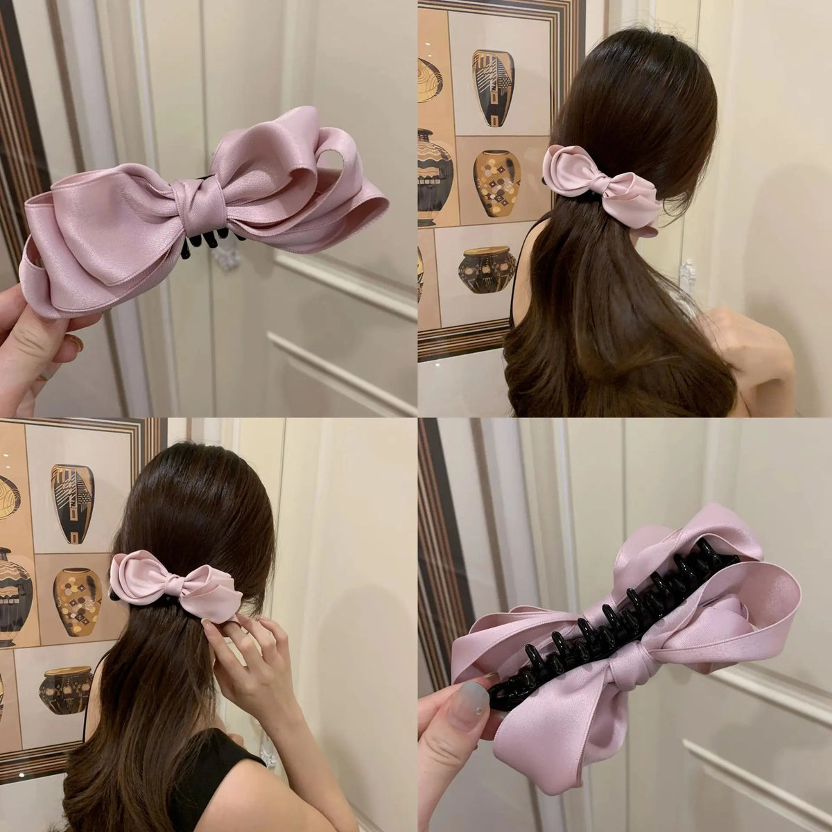 Korean Double-sided Pink Satin Bow Banana Clip Ballet Style Back Head Ponytail Women Girls Hair Styling Vertical Clip Headband Quake
