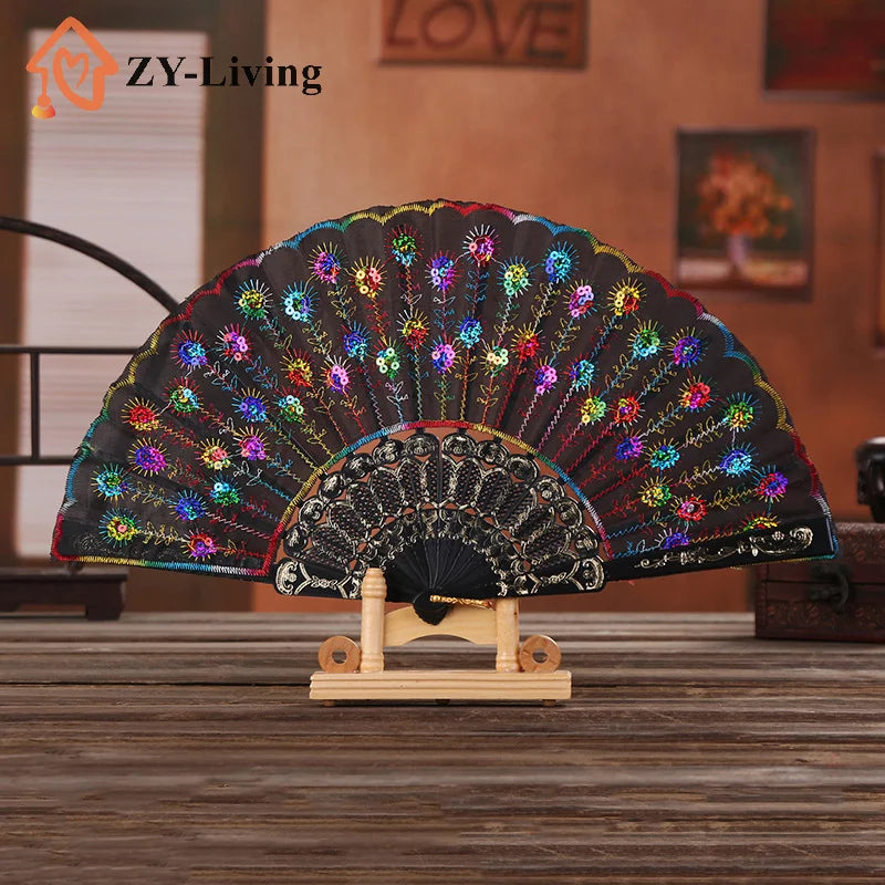 Folding Hand Fan Plastic Gold Powder Craft Fan White Wedding Party Chinese Style Dance Cloth Folding Fan Handheld Quake