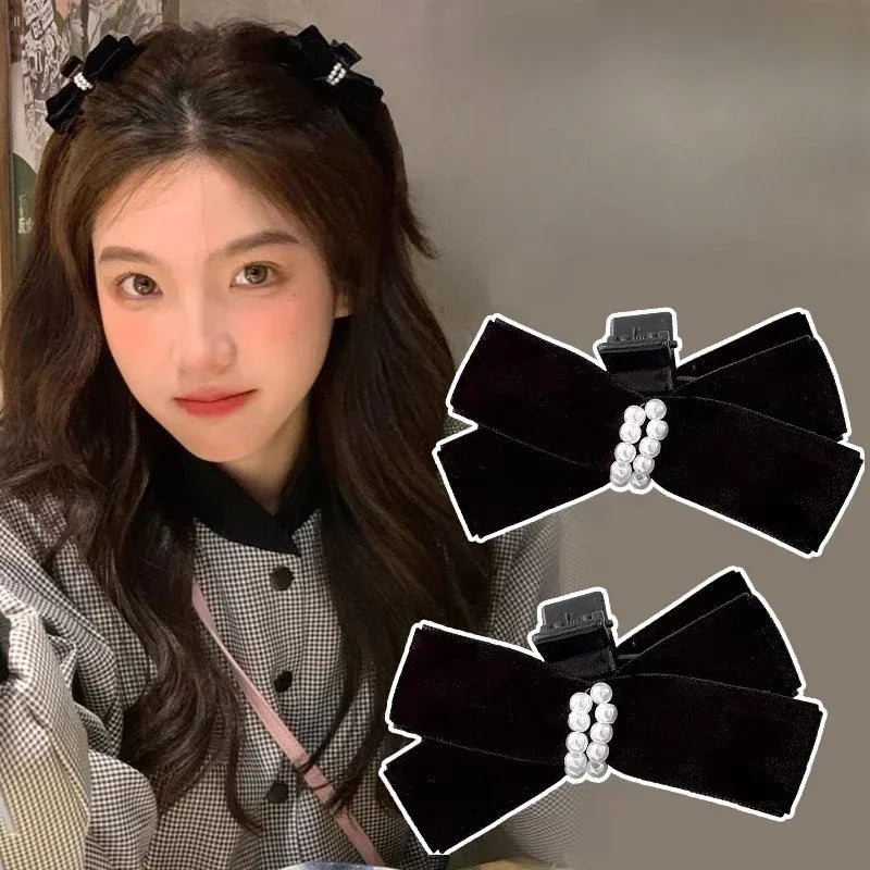 Sweet Cute Velvet Bow Hair Clip Forehead Bangs Side Clip Korean Fashion Small Hair Side Clip Black Red Pearl Headdress Wholesale Quake
