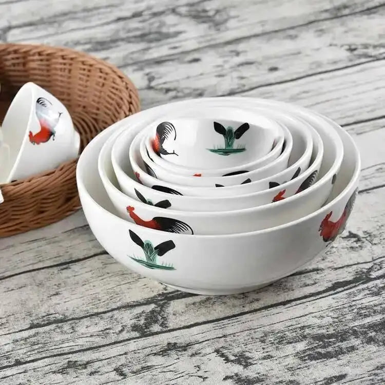 Culture Soup Bowl Chicken Noodle Bowl Nostalgia Classic Rooster Ceramic Bow Straight Mouth Rice Bowl Tableware Quake