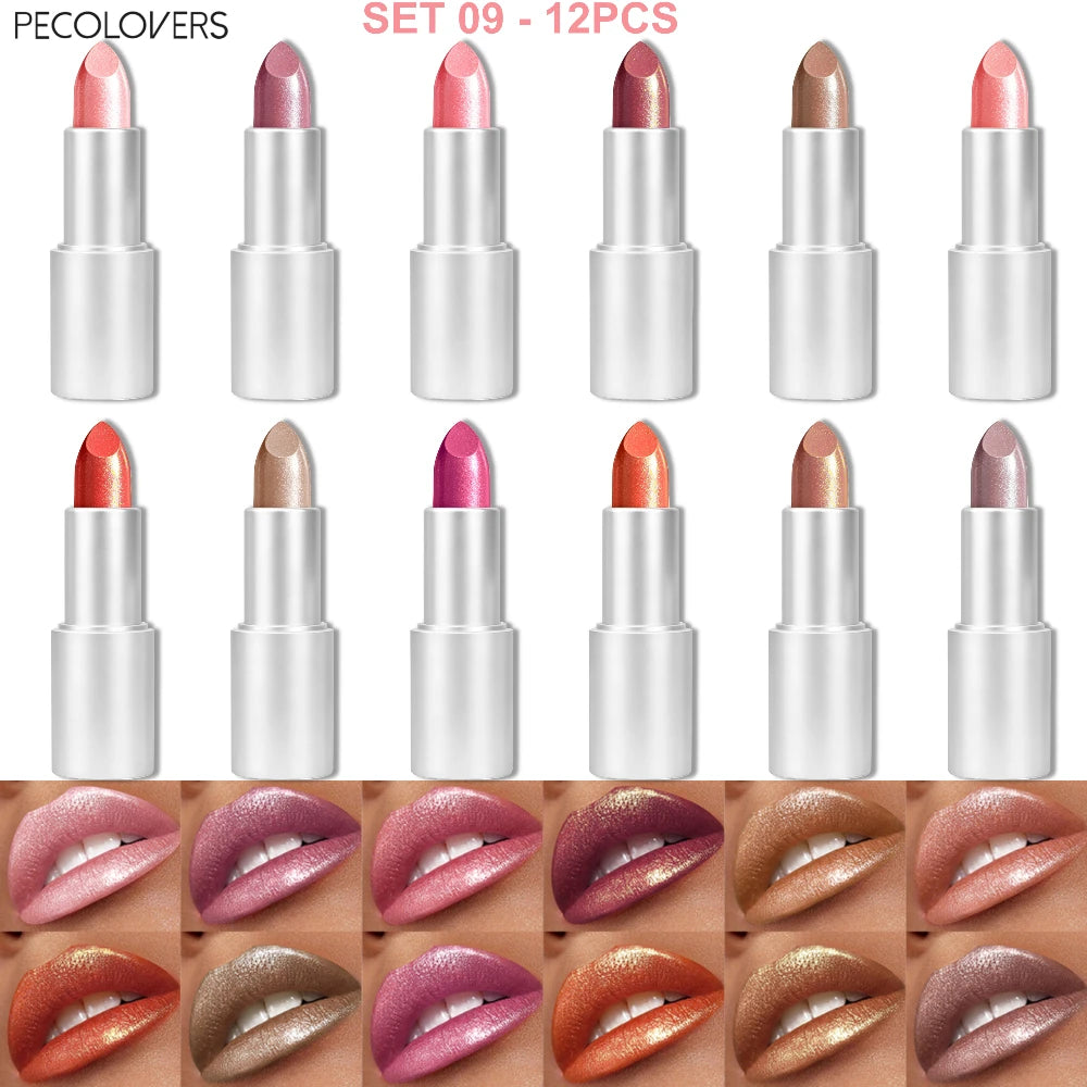 12 Pcs/set Elegant Glitter Lipstick for Woman, Shimmer Golden Pink Colors Tones, Sparkling Metallic Colos, All Light Beige Types Quake SET 09