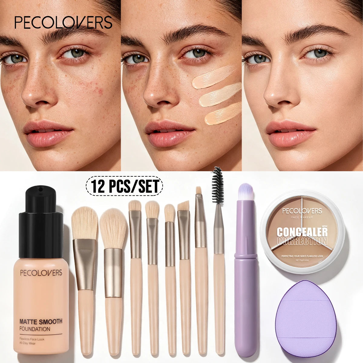 12PCS Face Set, Liquid Foundation+concealer+multiple Makeup Tools, Uniform Makeup, Waterproof and Durable, Facial Cosmetics Quake