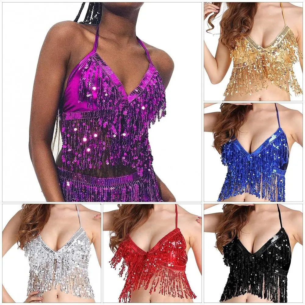 Women Tassel Nightclub Dance Wear Performance Top Belly Dance Bra Show Costumes Halter Bra Quake