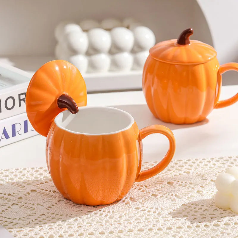 1/2 PCS Cute Pumpkin Ceramic Mug with Lid, 450ml, Coffee Water Milk Oatmeal Cup, Gift for Christmas Halloween Easter Kids Quake