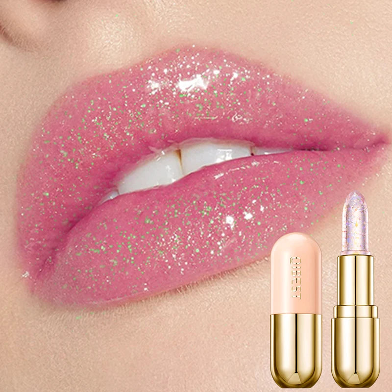 QIBEST Glitter Lipstick Lip Balm Color Change Transparent Moisturizing Crystal Jelly Pearlescent Lip Plumper Gloss Tint Cosmetic Quake qib chunyou03